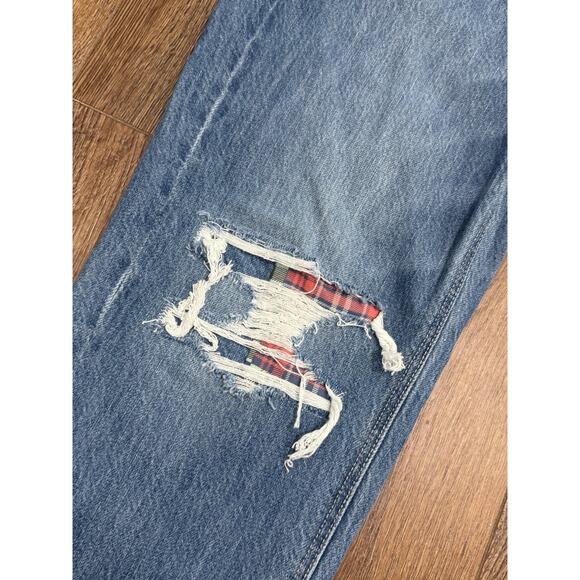 NWT American Eagle AE Mom Straight Distressed Plaid Patches Jeans Size 6 X 28” - Picture 3 of 5